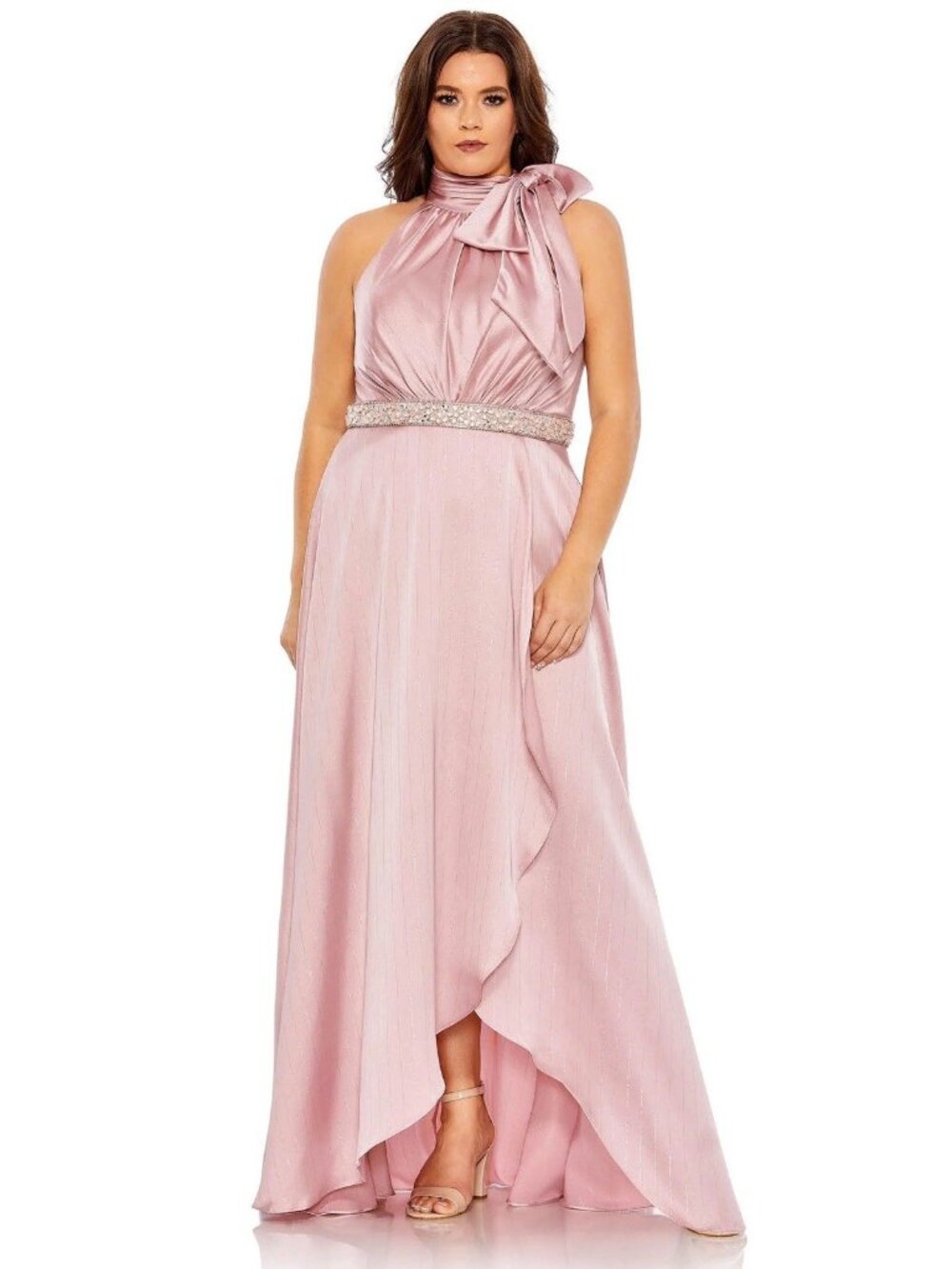 Mac Duggal Size 16 W Pink Evening Gown Formal Maxi Dress Halter Beaded Waist NWT